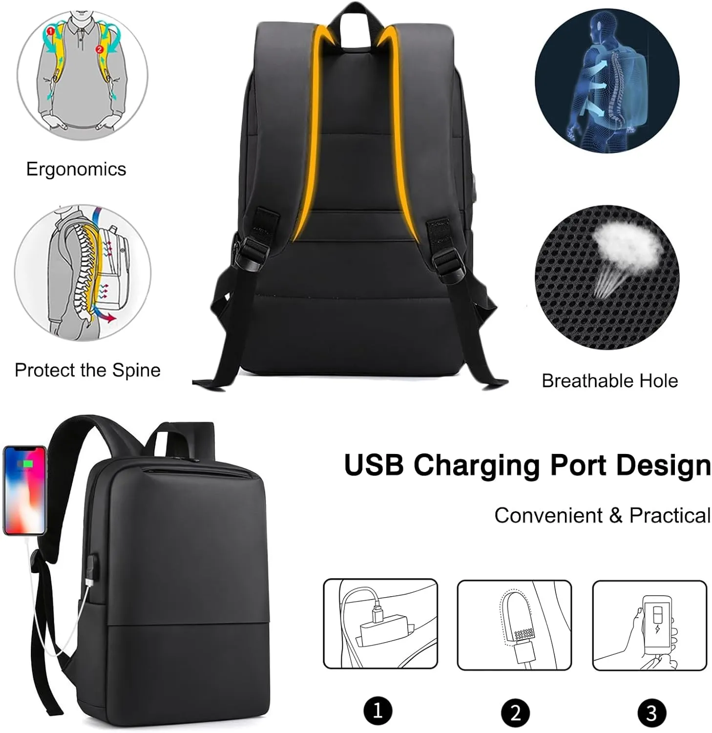 Men Business Backpack with USB Charging Port Women Daypacks College Bag Backpack Bag Men Daypacks College Travel Essentials Rucksack Black