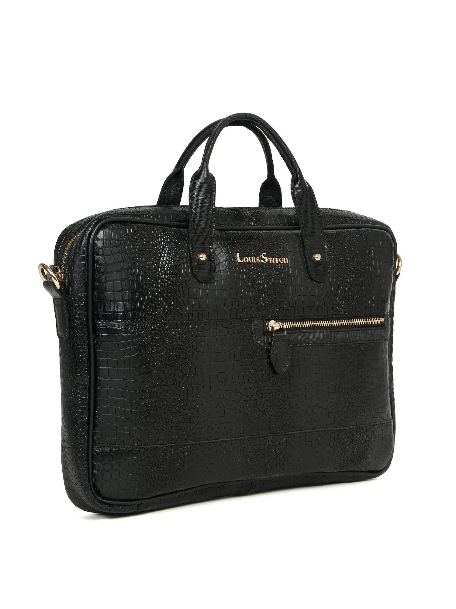 Men's Black Italian Leather Dual Tone Laptop Bag with a Shoulder Strap