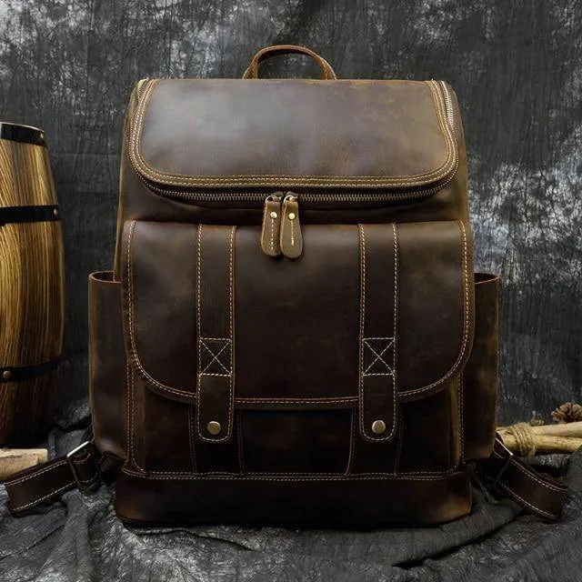 Mens Brown Leather Backpack With 16In Laptop Capacity -...
