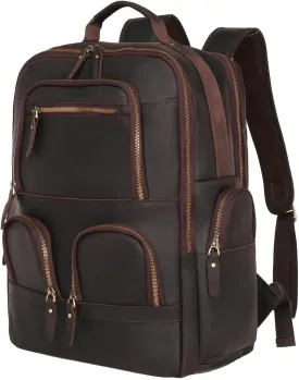 Mens Full Grain Genuine Leather 17.3" Laptop Backpack with USB Charging Port Multi Pockets Business Weekender Hiking Shoulder Daypacks Travel Laptop Bag for Men
