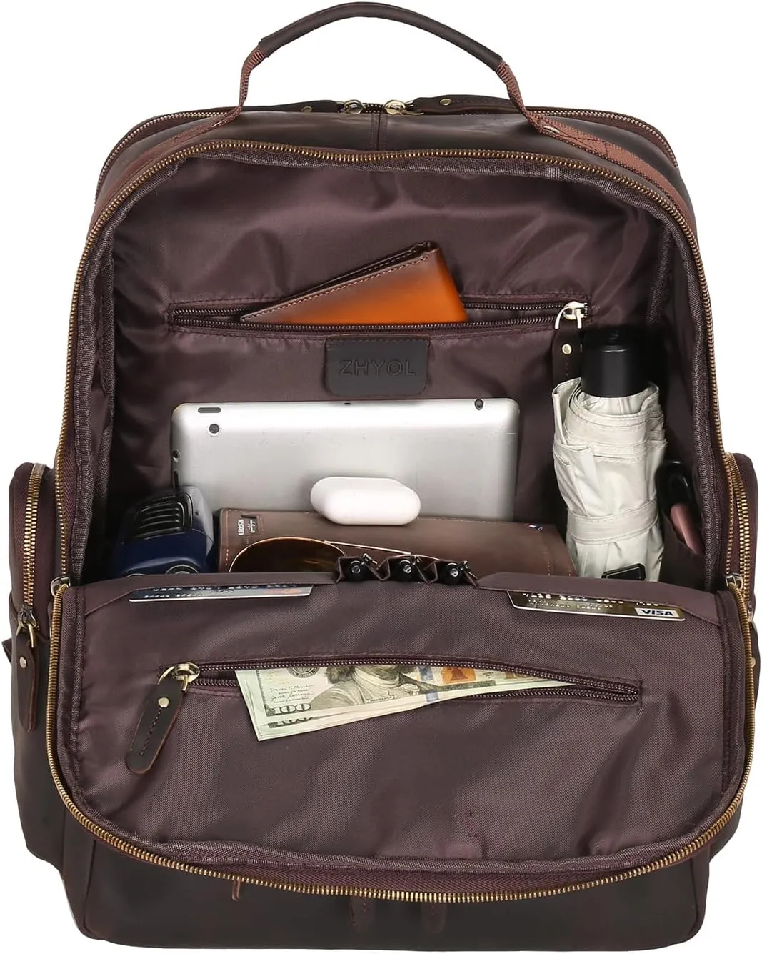 Mens Full Grain Genuine Leather 17.3" Laptop Backpack with USB Charging Port Multi Pockets Business Weekender Hiking Shoulder Daypacks Travel Laptop Bag for Men
