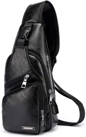 Men's Sling Bag, Business Leather Shoulder Backpacks Campus Travel Crossbody Bag with USB Charging Port