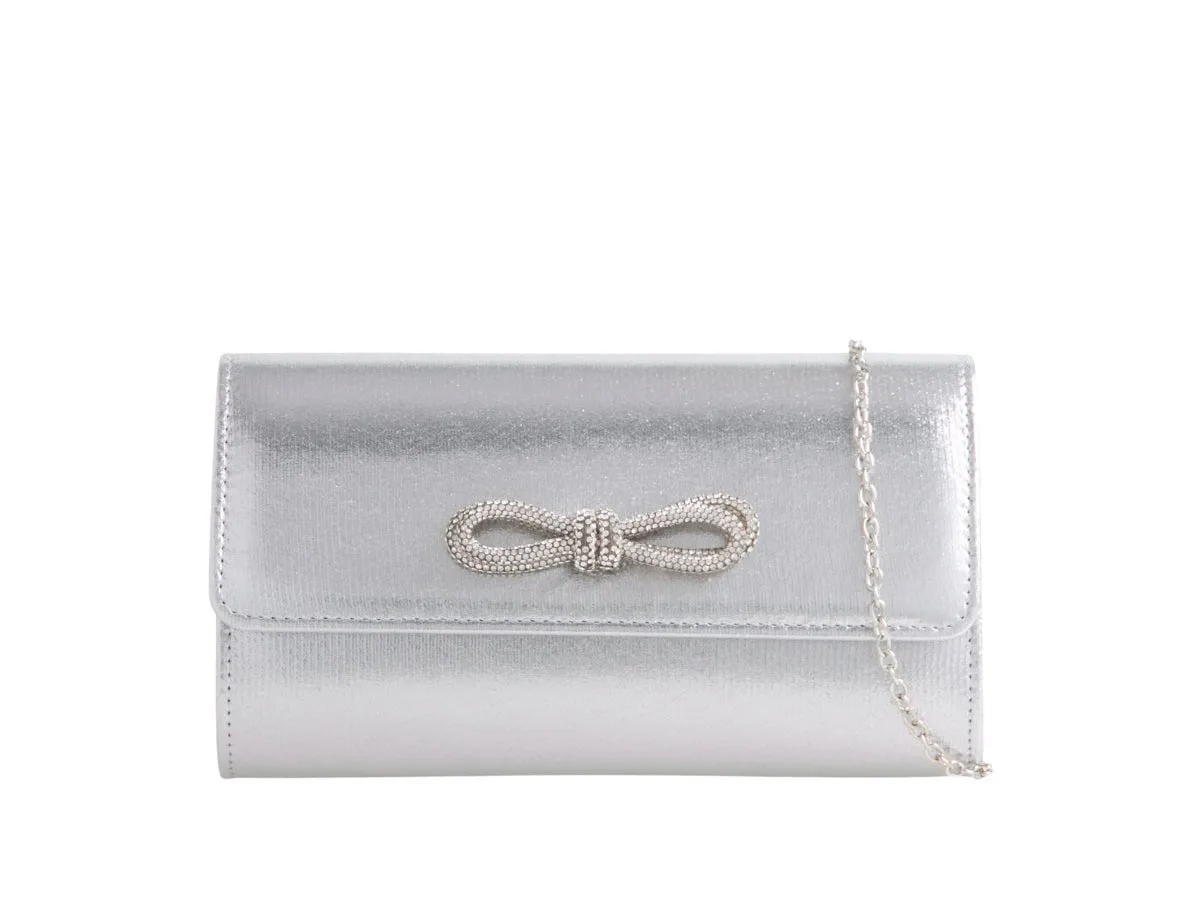 Metallic Shimmer Silver Bow Clutch Bag