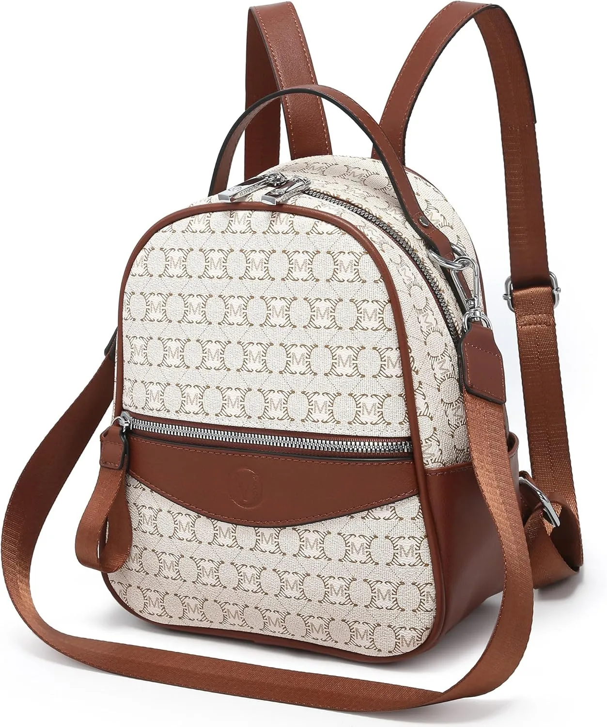 Mini Backpack Purse for Women Multi Pocket Small Backpacks Ladies Convertible Shoulder Handbags Designer Travel Backpack with Wide Strap, Beige/Brown