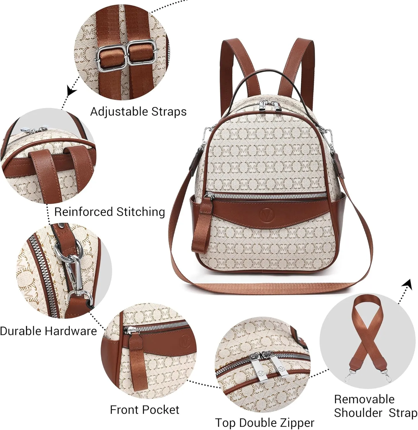 Mini Backpack Purse for Women Multi Pocket Small Backpacks Ladies Convertible Shoulder Handbags Designer Travel Backpack with Wide Strap, Beige/Brown
