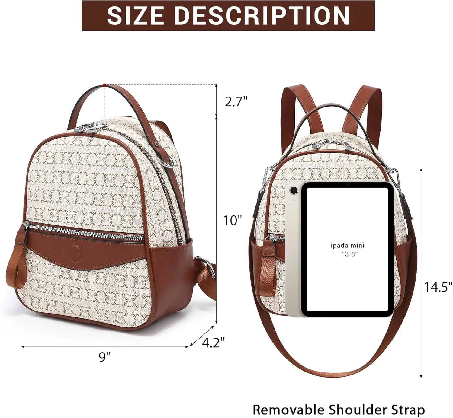 Mini Backpack Purse for Women Multi Pocket Small Backpacks Ladies Convertible Shoulder Handbags Designer Travel Backpack with Wide Strap, Beige/Brown
