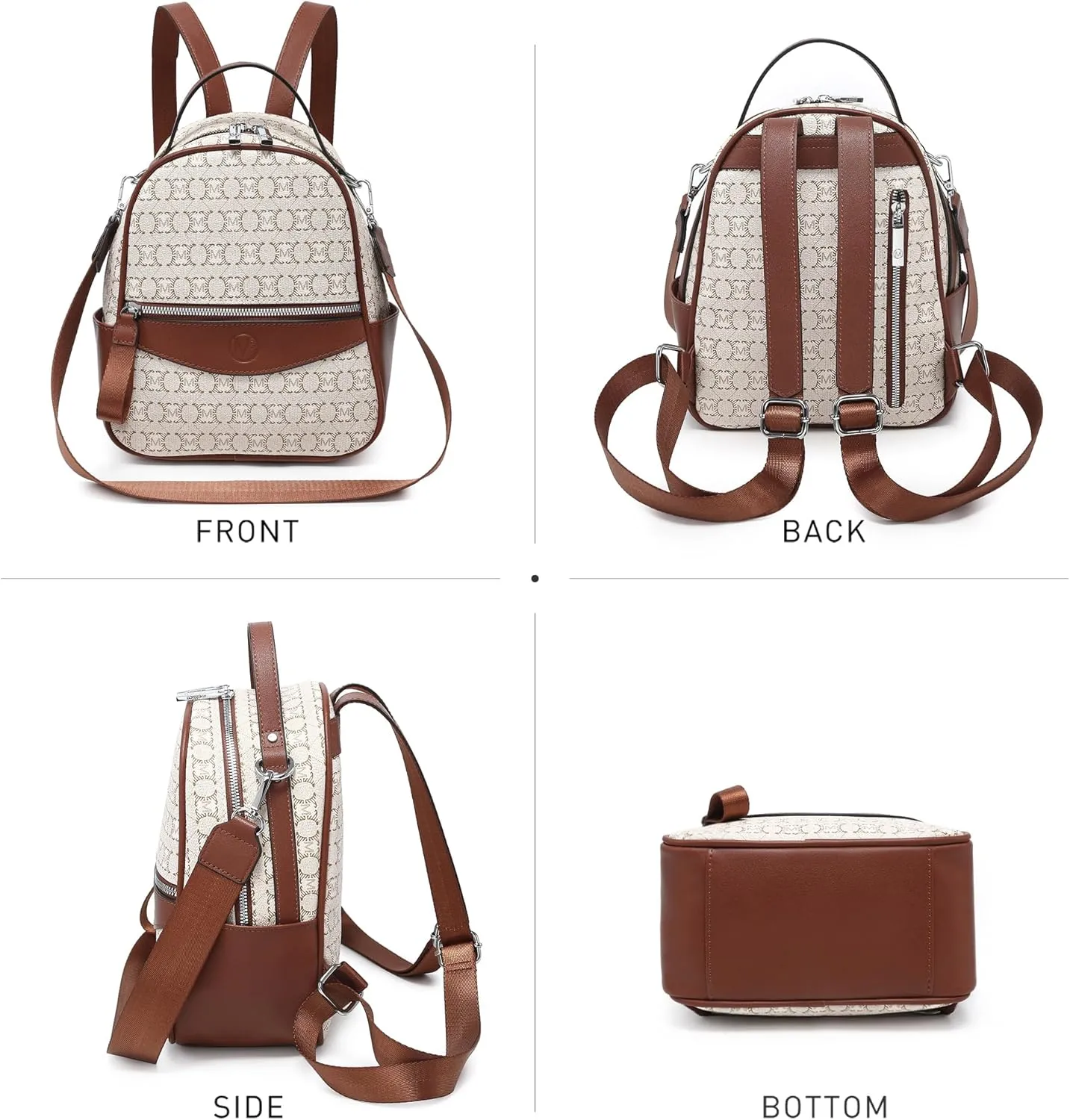 Mini Backpack Purse for Women Multi Pocket Small Backpacks Ladies Convertible Shoulder Handbags Designer Travel Backpack with Wide Strap, Beige/Brown