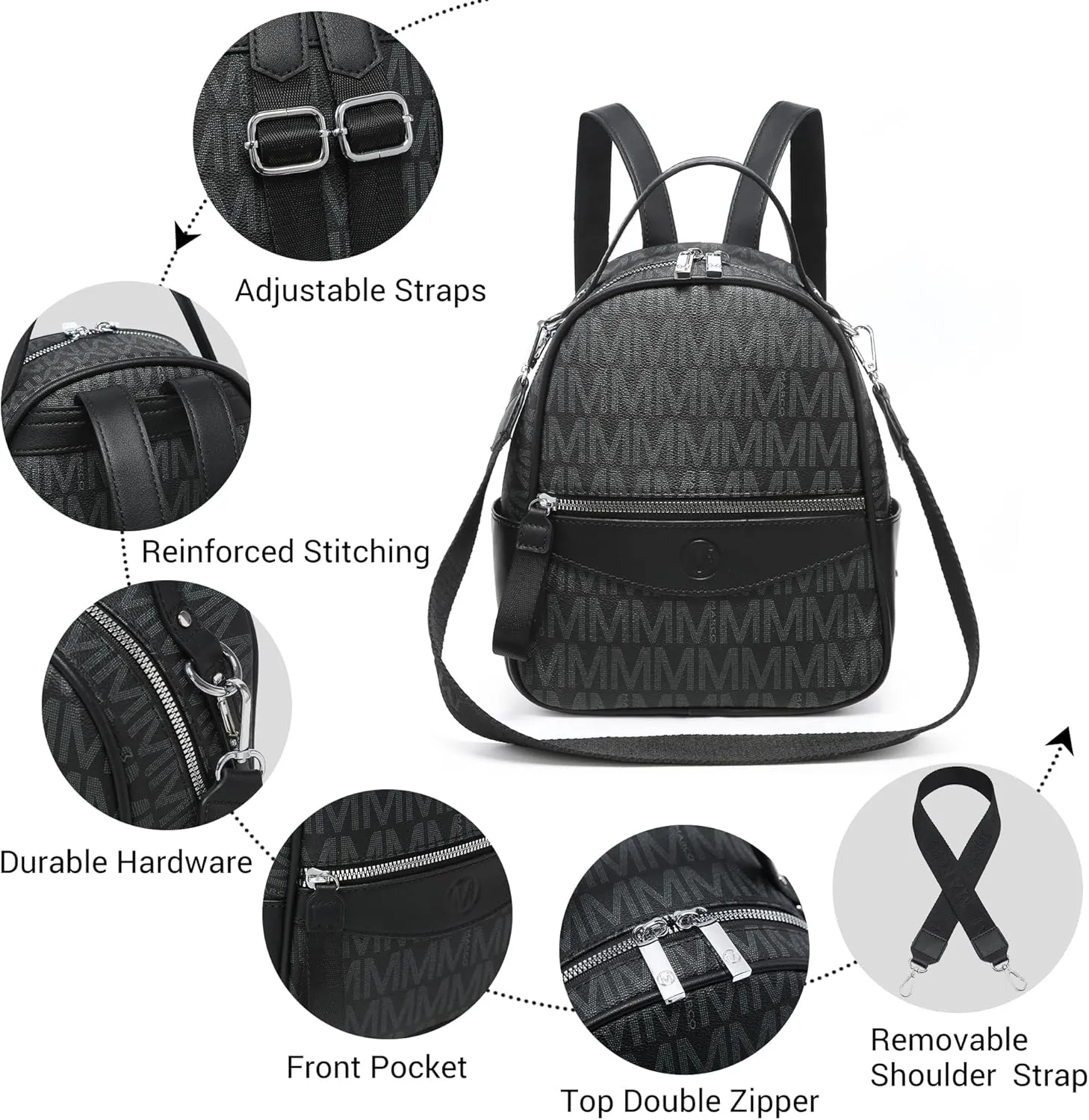 Mini Backpack Purse for Women Multi Pocket Small Backpacks Ladies Convertible Shoulder Handbags Designer Travel Backpack with Wide Strap (Black)