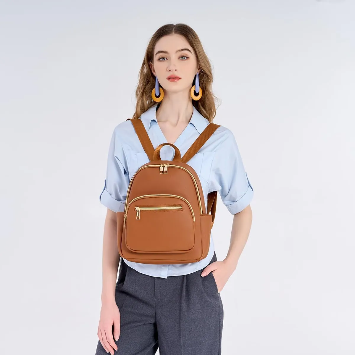 Mini Backpack Purse for Women PU Leather Small Backpack Fashion Multi Pockets Casual Daypacks Ladies Travel Shoulder Bags Brown