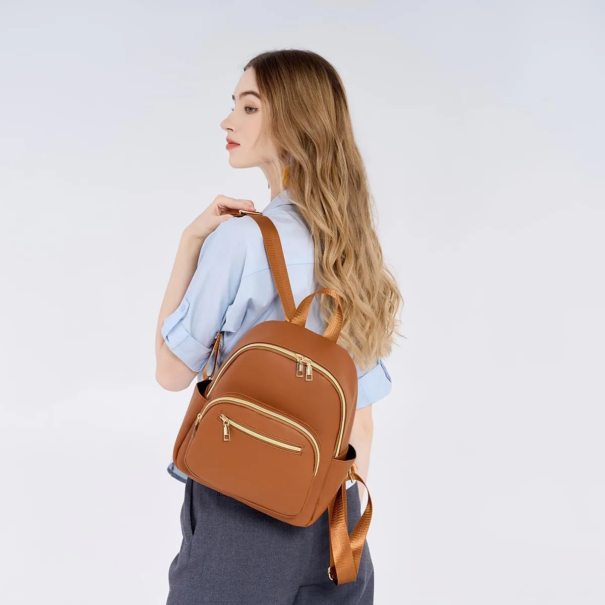 Mini Backpack Purse for Women PU Leather Small Backpack Fashion Multi Pockets Casual Daypacks Ladies Travel Shoulder Bags Brown
