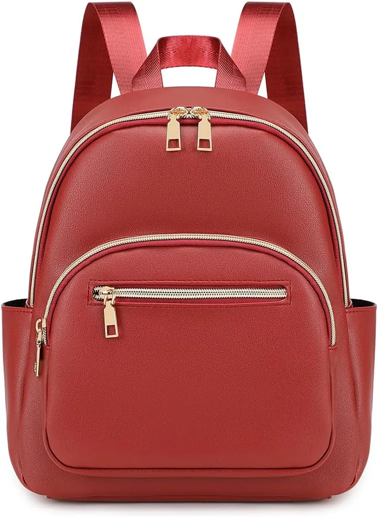 Mini Backpack Purse for Women PU Leather Small Backpack Fashion Multi Pockets Casual Daypacks Ladies Travel Shoulder Bags Burgundy