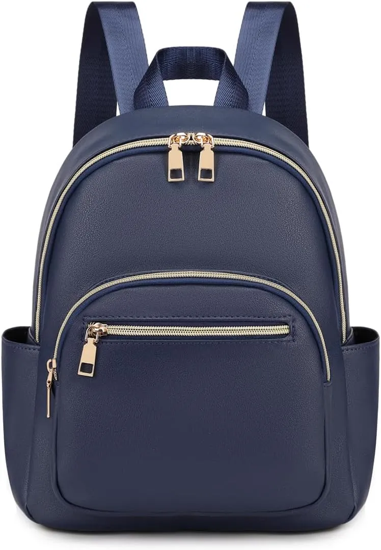 Mini Backpack Purse for Women PU Leather Small Backpack Fashion Multi Pockets Casual Daypacks Ladies Travel Shoulder Bags Navy