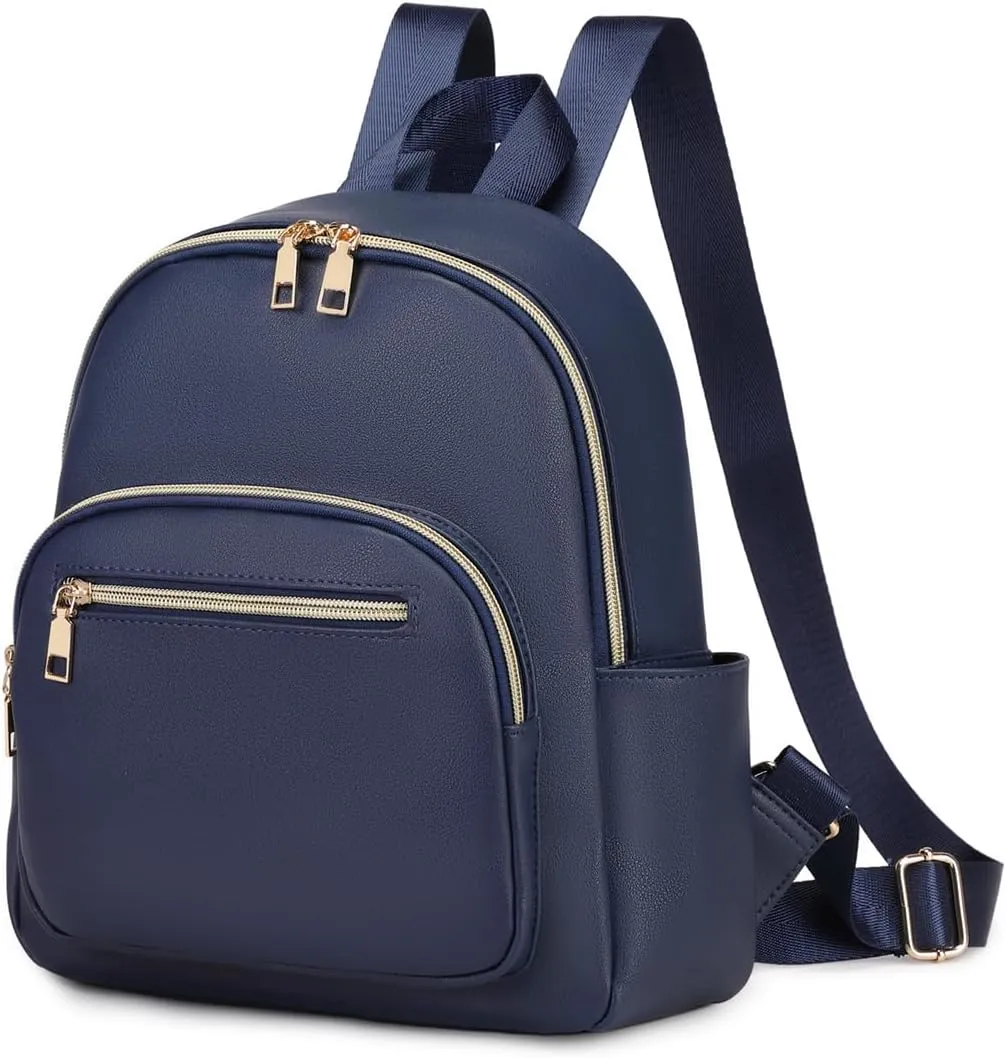 Mini Backpack Purse for Women PU Leather Small Backpack Fashion Multi Pockets Casual Daypacks Ladies Travel Shoulder Bags Navy