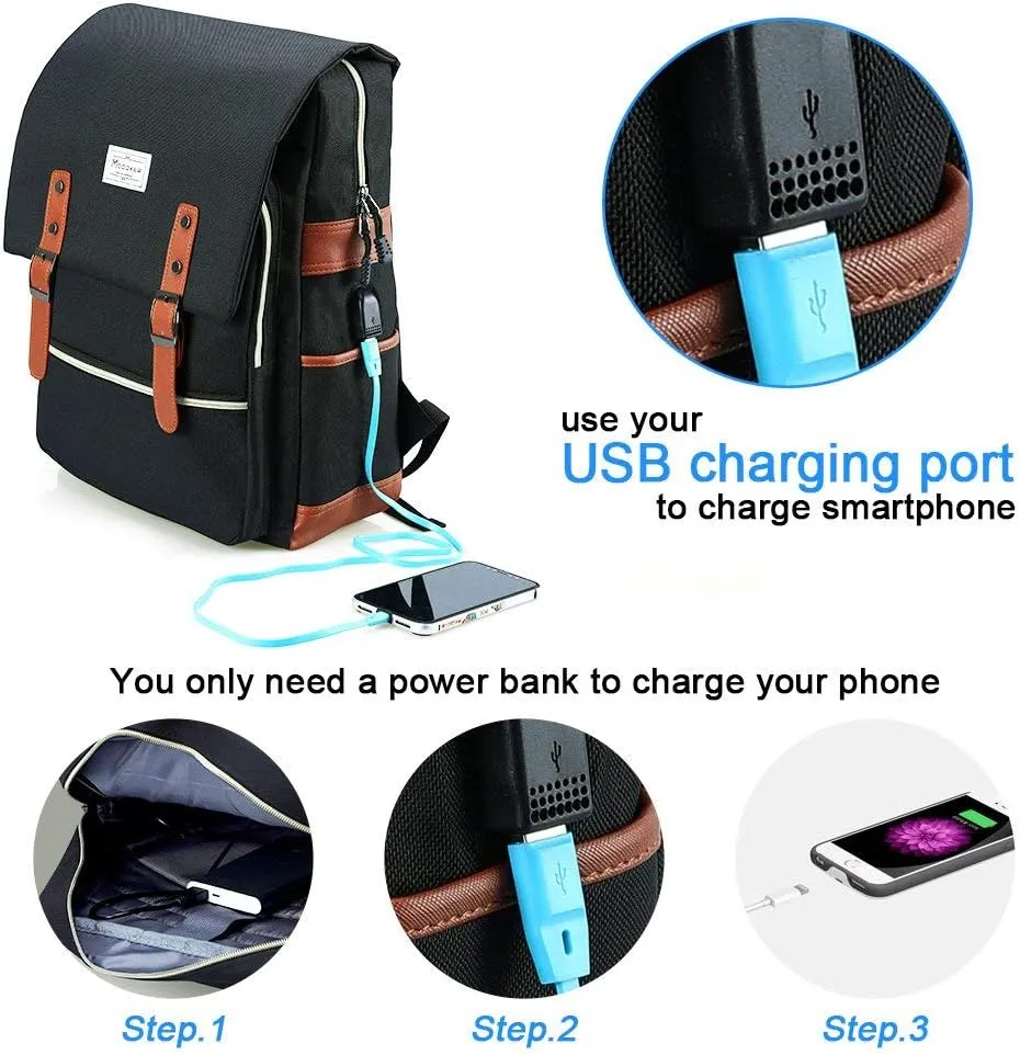 Modoker Vintage Laptop Backpack for Women Men,Travel Backpacks with USB Charging Port Fashion Backpack Fits 15.6Inch Notebook, Black