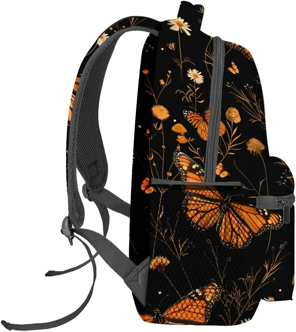 Monarch Butterfly Backpack,Elegant Floral Daisy Polyester Backpacks,Lightweight Double Shoulder Back Pack for Girls Women,Flower Black Bookbag,School Bag Gifts,Casual Travel Daypack Book Packs