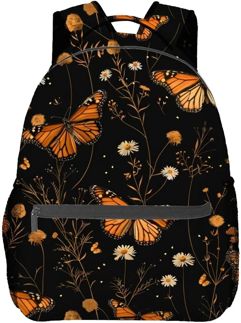 Monarch Butterfly Backpack,Elegant Floral Daisy Polyester Backpacks,Lightweight Double Shoulder Back Pack for Girls Women,Flower Black Bookbag,School Bag Gifts,Casual Travel Daypack Book Packs