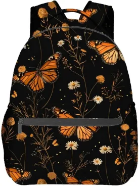Monarch Butterfly Backpack,Elegant Floral Daisy Polyester Backpacks,Lightweight Double Shoulder Back Pack for Girls Women,Flower Black Bookbag,School Bag Gifts,Casual Travel Daypack Book Packs