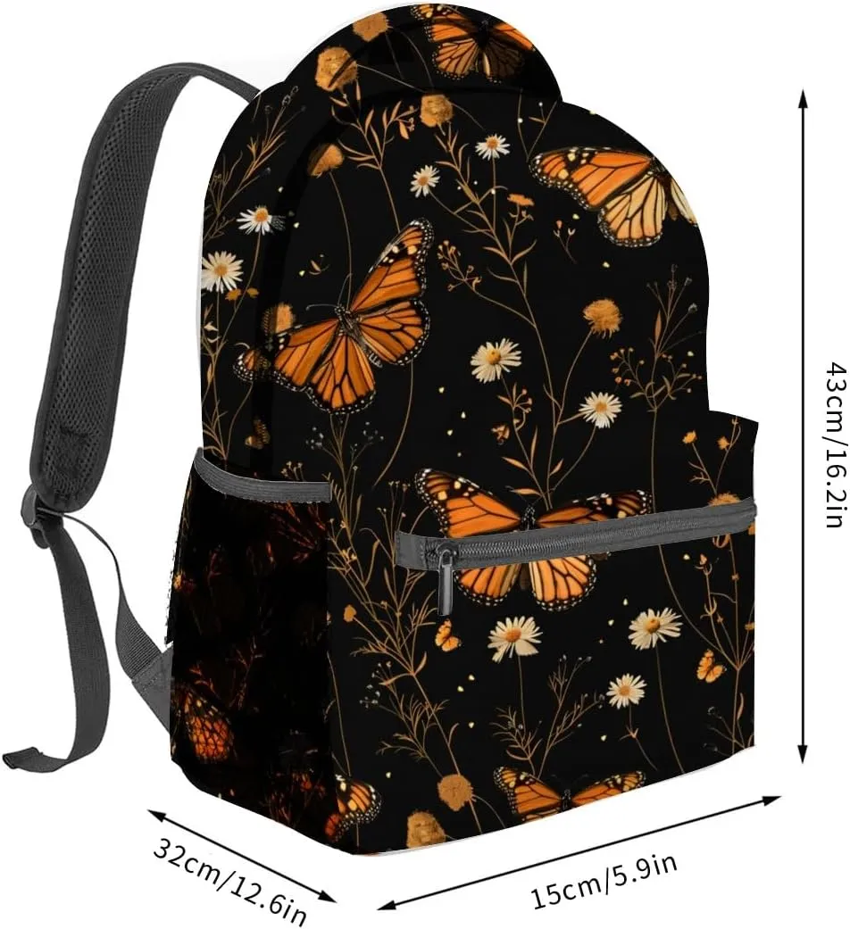 Monarch Butterfly Backpack,Elegant Floral Daisy Polyester Backpacks,Lightweight Double Shoulder Back Pack for Girls Women,Flower Black Bookbag,School Bag Gifts,Casual Travel Daypack Book Packs