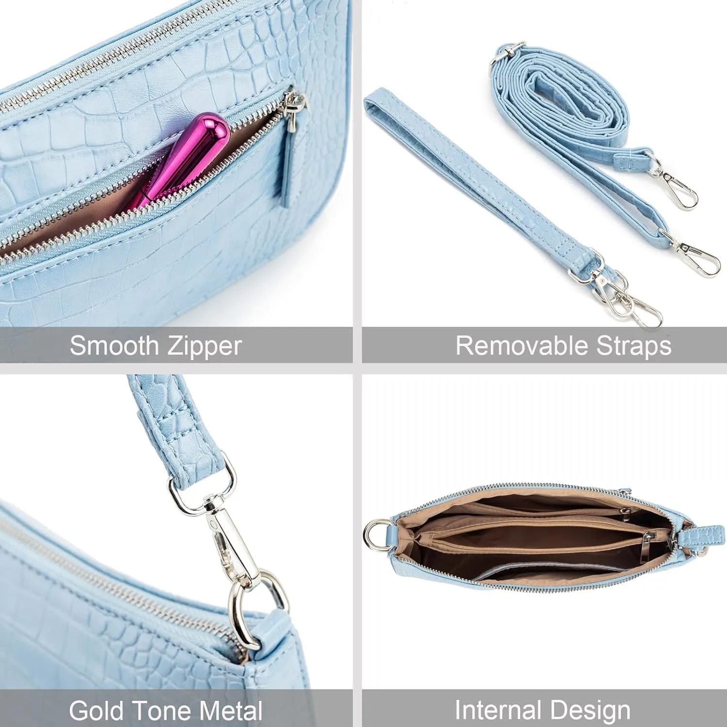 NIUEIMEE ZHOU Small Shoulder bag with 2 Removable Straps Cross Body Clutch Purse Handbag for Women