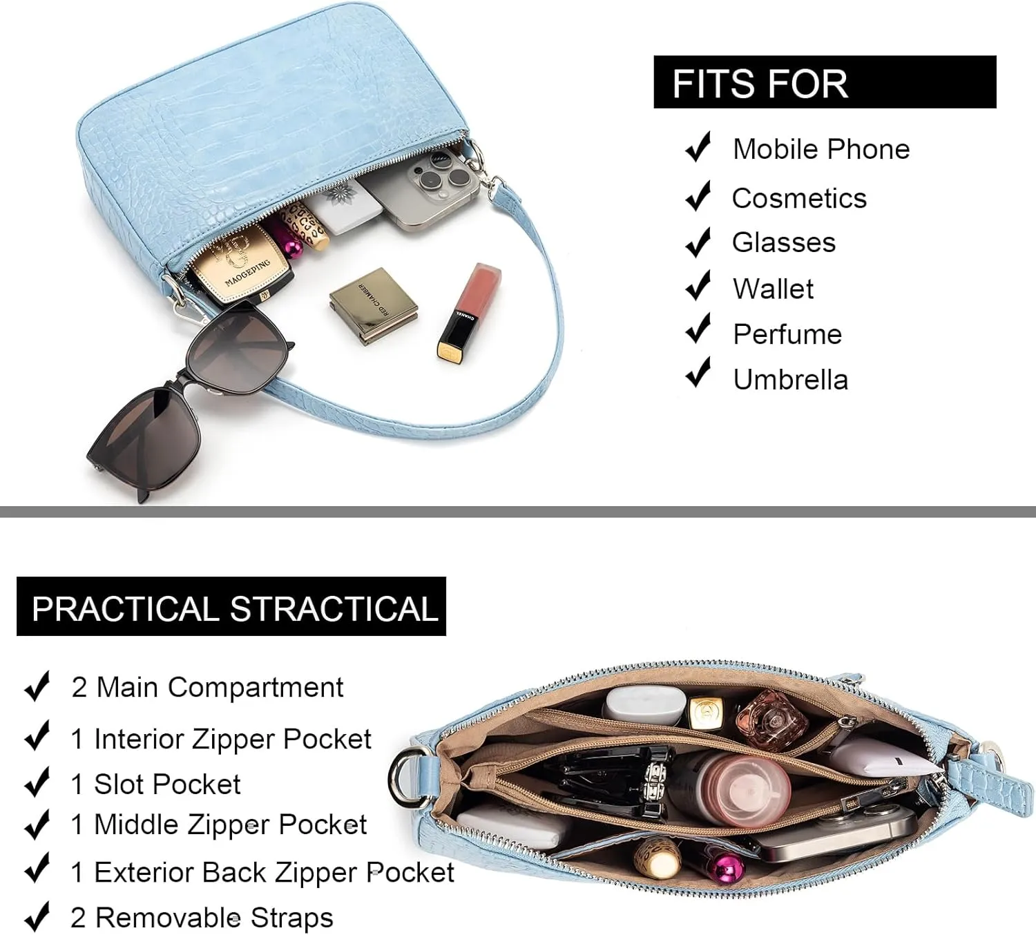 NIUEIMEE ZHOU Small Shoulder bag with 2 Removable Straps Cross Body Clutch Purse Handbag for Women