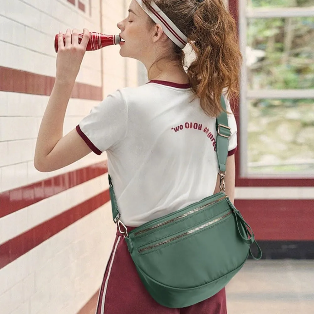 Nylon Crossbody Bag for Women,Checkered Bum Bag Trendy Slouchy Shoulder Fanny Pack Checkered Handbag Purse with Strap (GREEN)