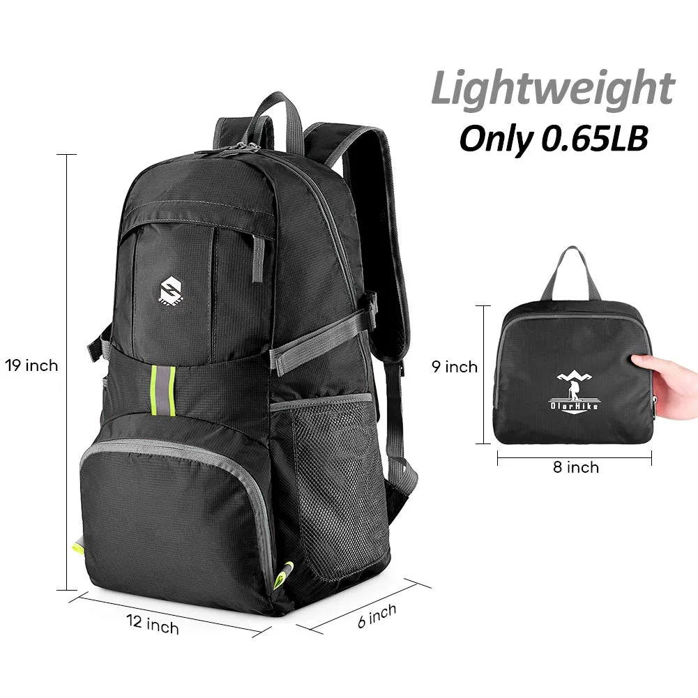 OlarHike Lightweight Travel Backpack, 35L Water Resistant Packable Traveling/Hiking Backpack Daypack for Men & Women, Multipurpose Use, Black