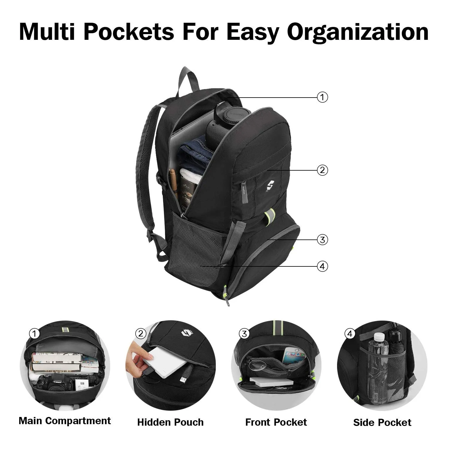 OlarHike Lightweight Travel Backpack, 35L Water Resistant Packable Traveling/Hiking Backpack Daypack for Men & Women, Multipurpose Use, Black
