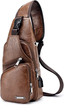Peicees Leather Sling Bag Mens Crossbody Bag Chest Bag Sling Backpack for Men with USB Charge Port