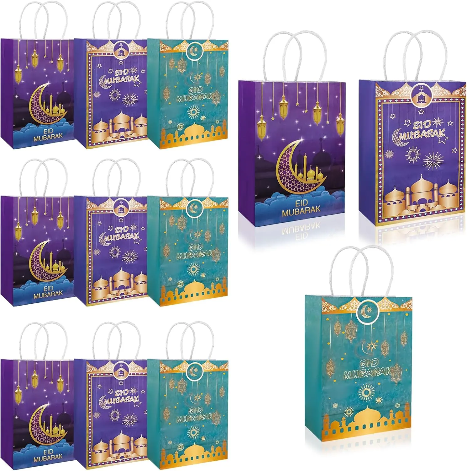 PEUTIER 12pcs Eid Mubarak Gift Bags with Handle, Blue Gold Ramadan Goodie Bags Muslim Eid Al-Fitr Paper Present Lantern Star Moon Holiday Treat Bags Party Favor Supplies Decorations