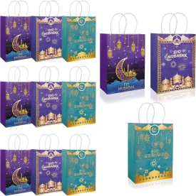 PEUTIER 12pcs Eid Mubarak Gift Bags with Handle, Blue Gold Ramadan Goodie Bags Muslim Eid Al-Fitr Paper Present Lantern Star Moon Holiday Treat Bags Party Favor Supplies Decorations