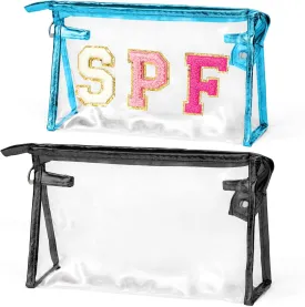 Preppy Patch Cosmetic Bags - 2Pcs Summer SPF Chenille Varsity Letter Blue Toiletry Bag Black Large Clear Waterproof Portable Makeup Bag PVC Zipper Clutch Purse Travel Beach Bag for Women Girl