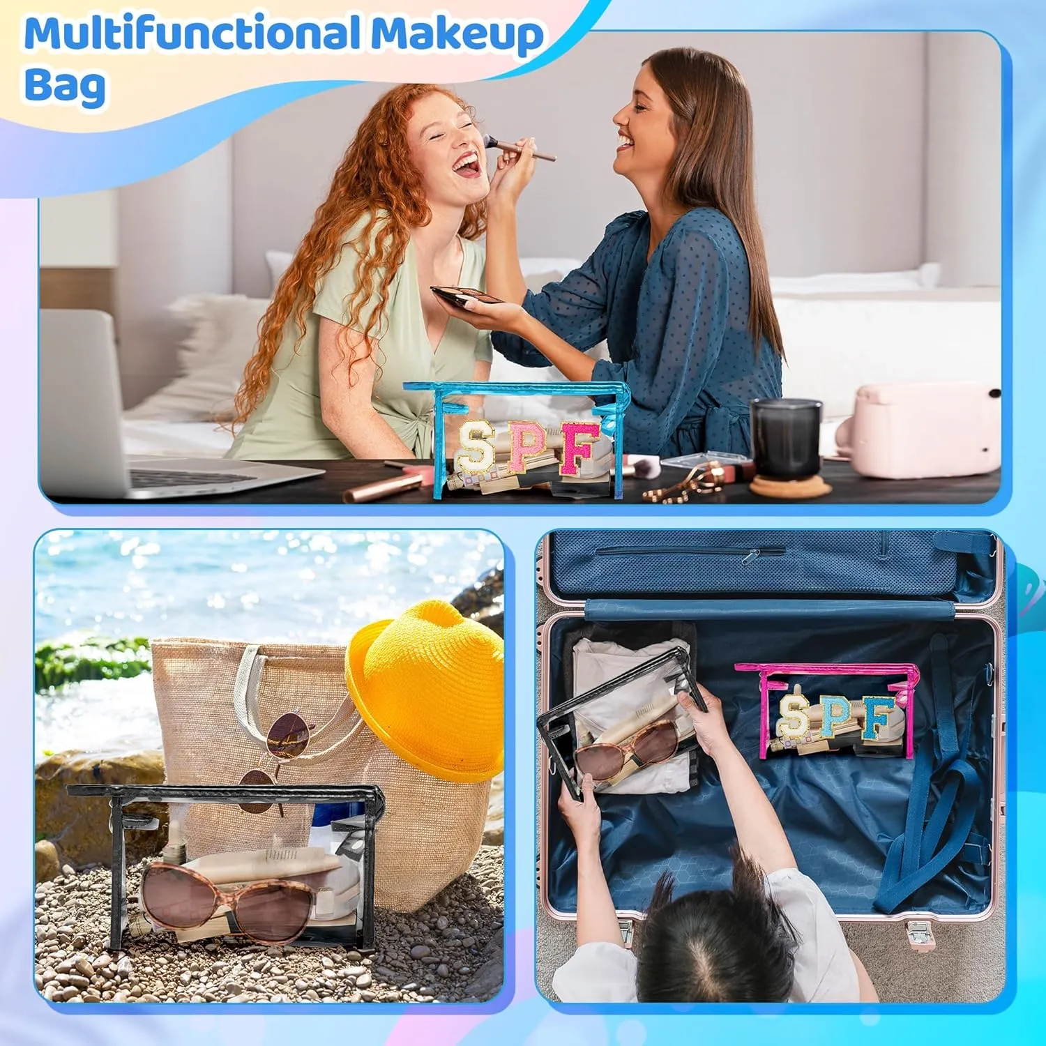 Preppy Patch Cosmetic Bags - 2Pcs Summer SPF Chenille Varsity Letter Blue Toiletry Bag Black Large Clear Waterproof Portable Makeup Bag PVC Zipper Clutch Purse Travel Beach Bag for Women Girl