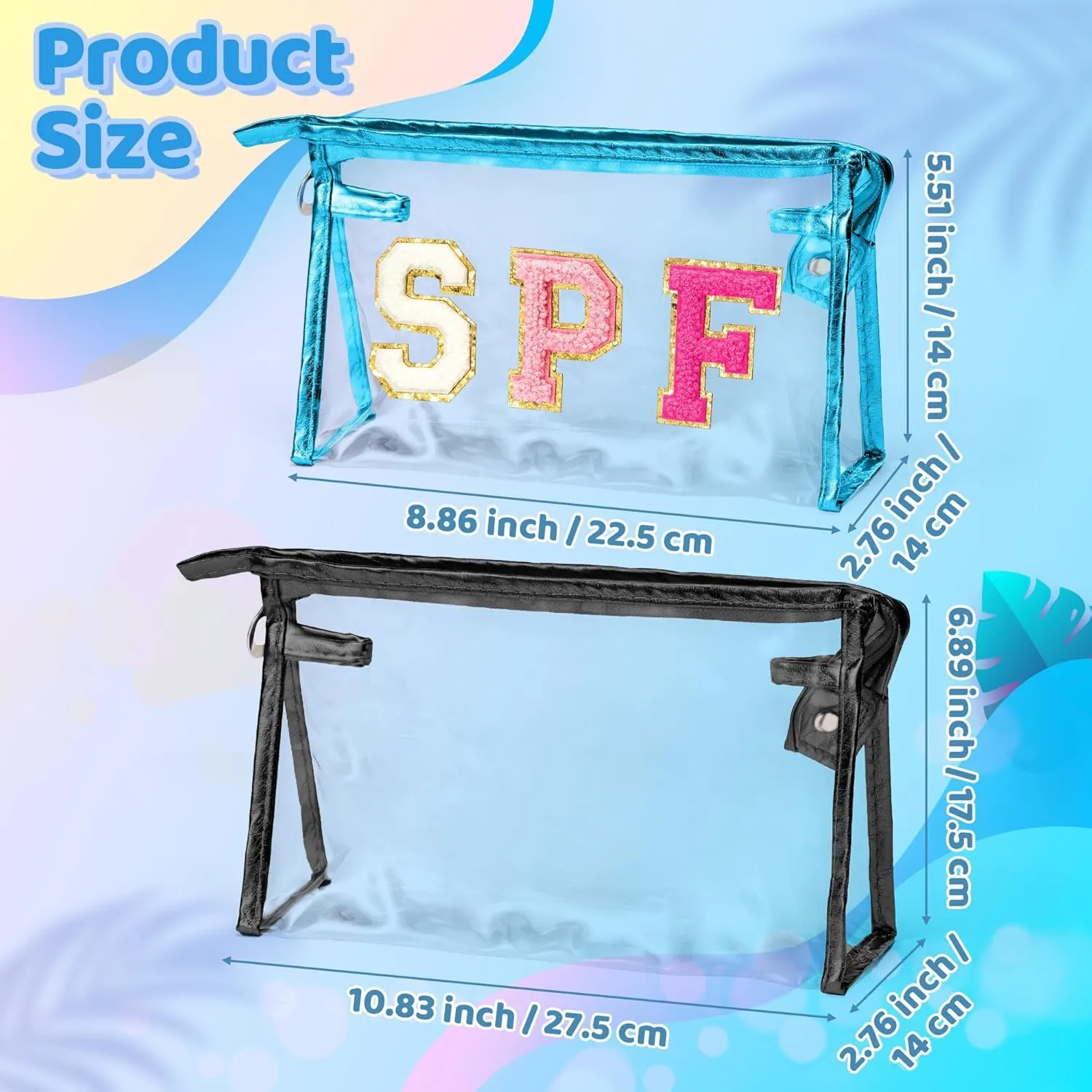Preppy Patch Cosmetic Bags - 2Pcs Summer SPF Chenille Varsity Letter Blue Toiletry Bag Black Large Clear Waterproof Portable Makeup Bag PVC Zipper Clutch Purse Travel Beach Bag for Women Girl