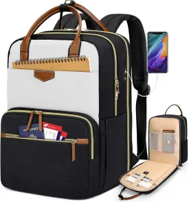 RAINSMORE Backpack for Women, 15.6 Inch Laptop Travel Backpack College Computer Backpacks Teacher Nurse Work Daypack Waterproof Casual Daypack Bookbag Purse for Office Travel, White-Black