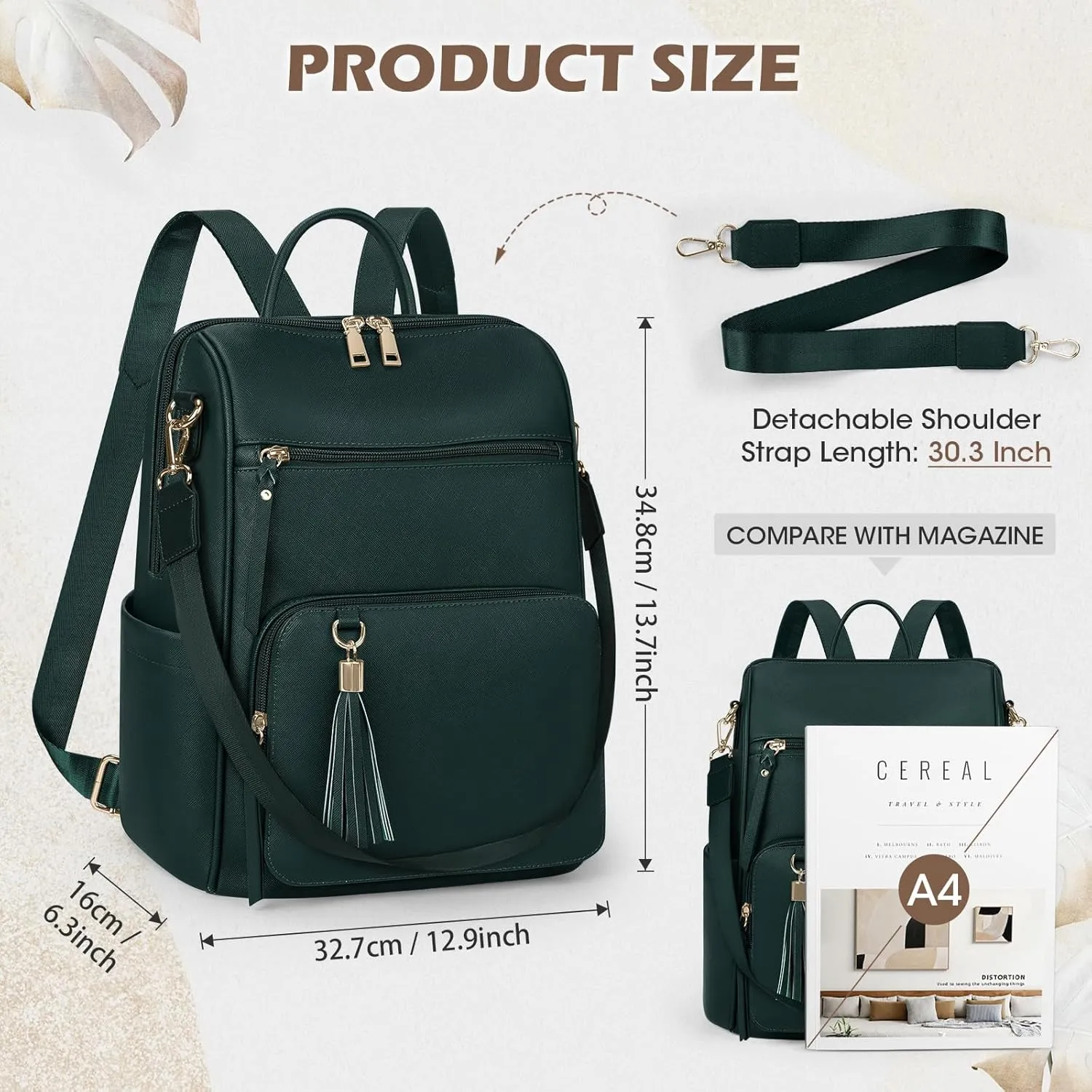RAINSMORE Backpack Purse for Women Leather Travel Backpack Purse Waterproof Anti Theft Fashion Small Casual Mini Daypacks Ladies Convertible Handbags Shoulder Bag Travel bag with Tassel, Dark Green