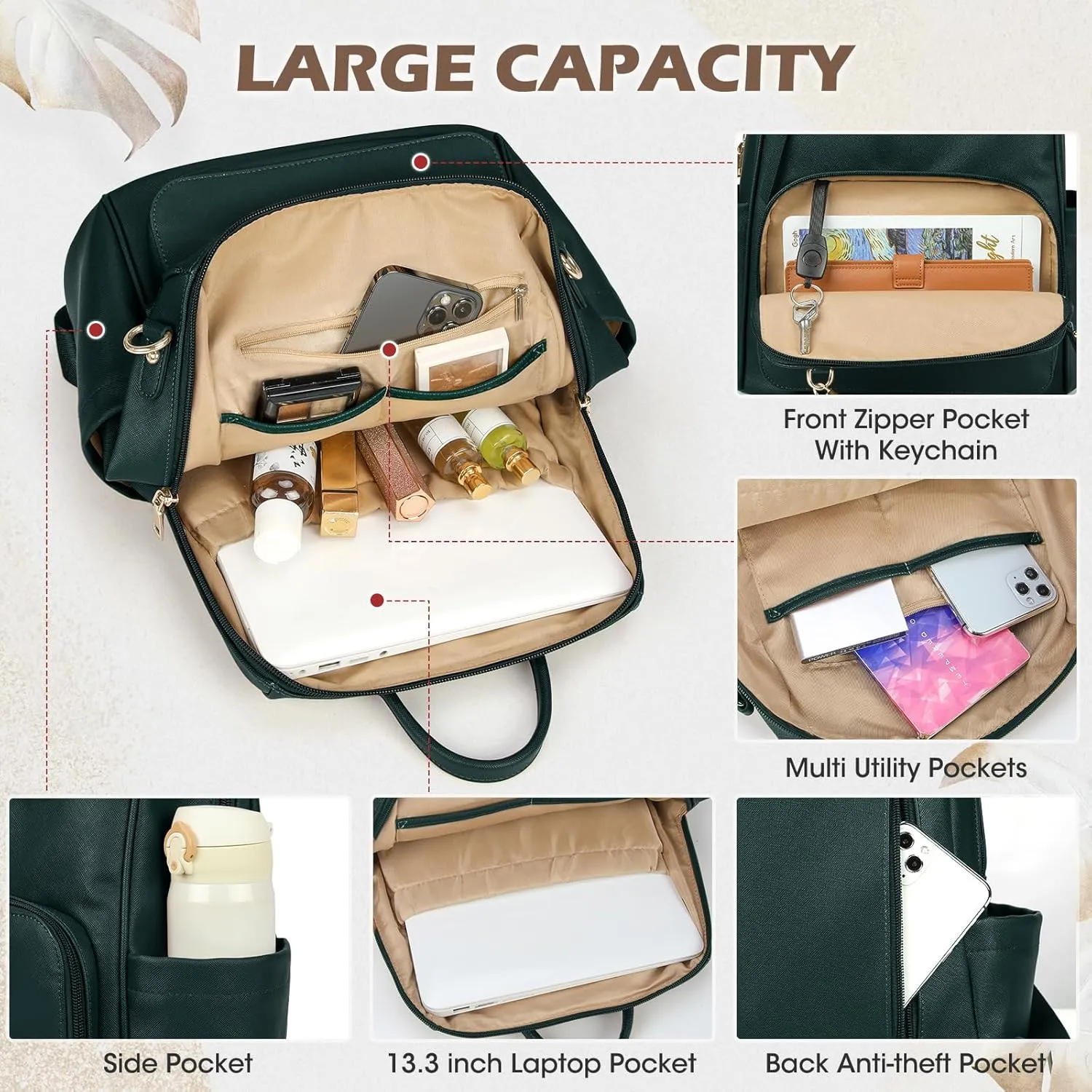 RAINSMORE Backpack Purse for Women Leather Travel Backpack Purse Waterproof Anti Theft Fashion Small Casual Mini Daypacks Ladies Convertible Handbags Shoulder Bag Travel bag with Tassel, Dark Green