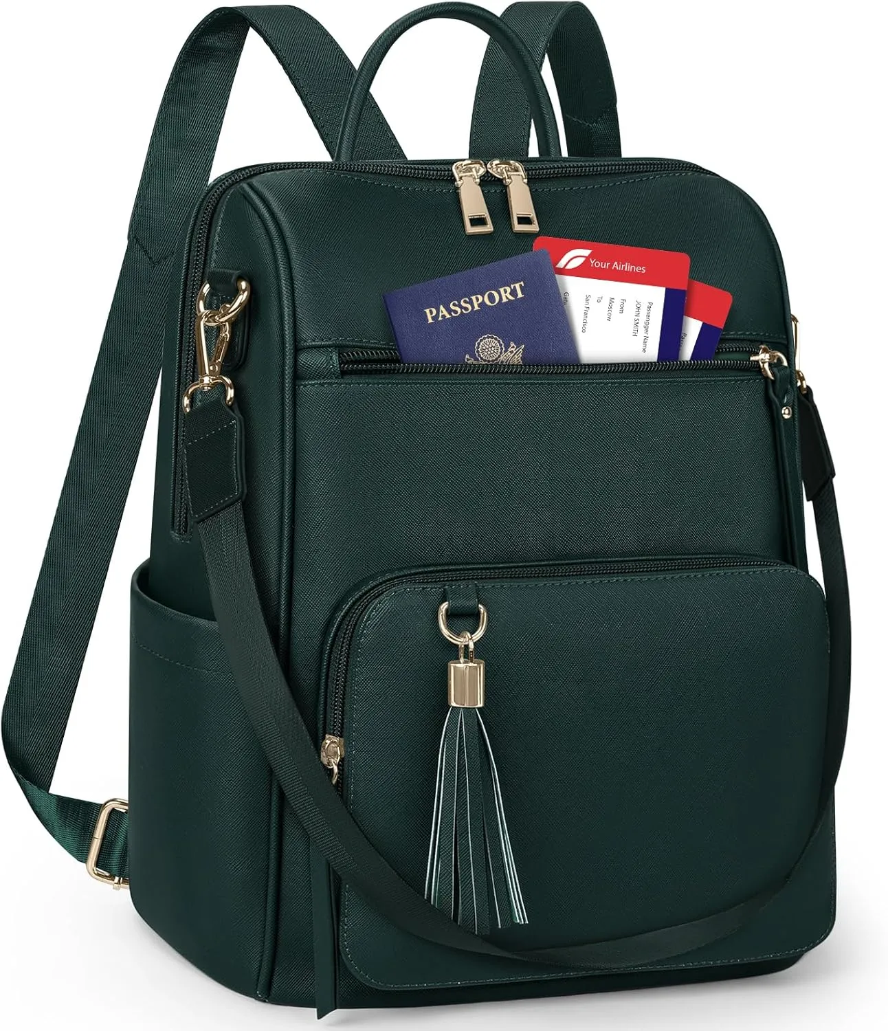 RAINSMORE Backpack Purse for Women Leather Travel Backpack Purse Waterproof Anti Theft Fashion Small Casual Mini Daypacks Ladies Convertible Handbags Shoulder Bag Travel bag with Tassel, Dark Green