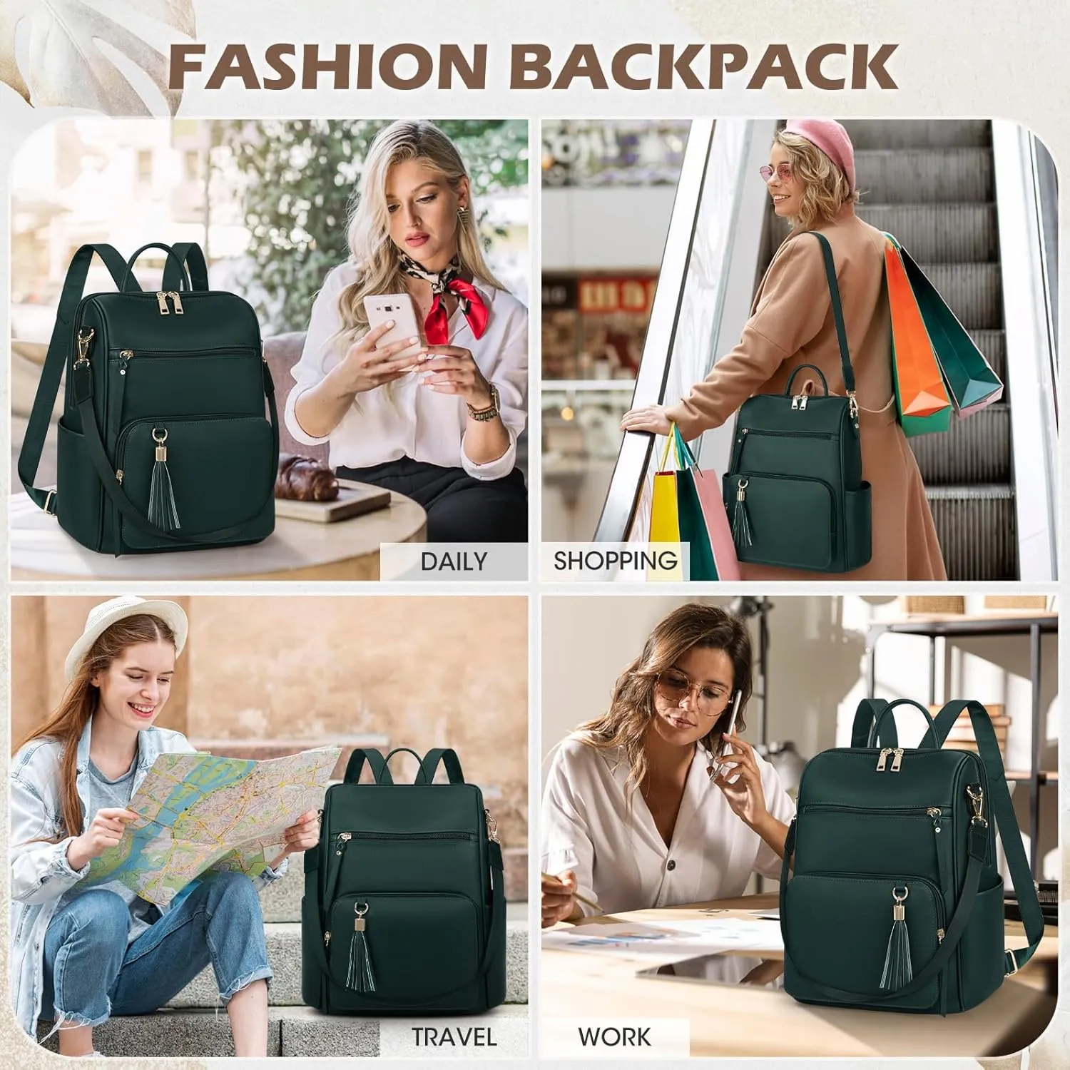 RAINSMORE Backpack Purse for Women Leather Travel Backpack Purse Waterproof Anti Theft Fashion Small Casual Mini Daypacks Ladies Convertible Handbags Shoulder Bag Travel bag with Tassel, Dark Green