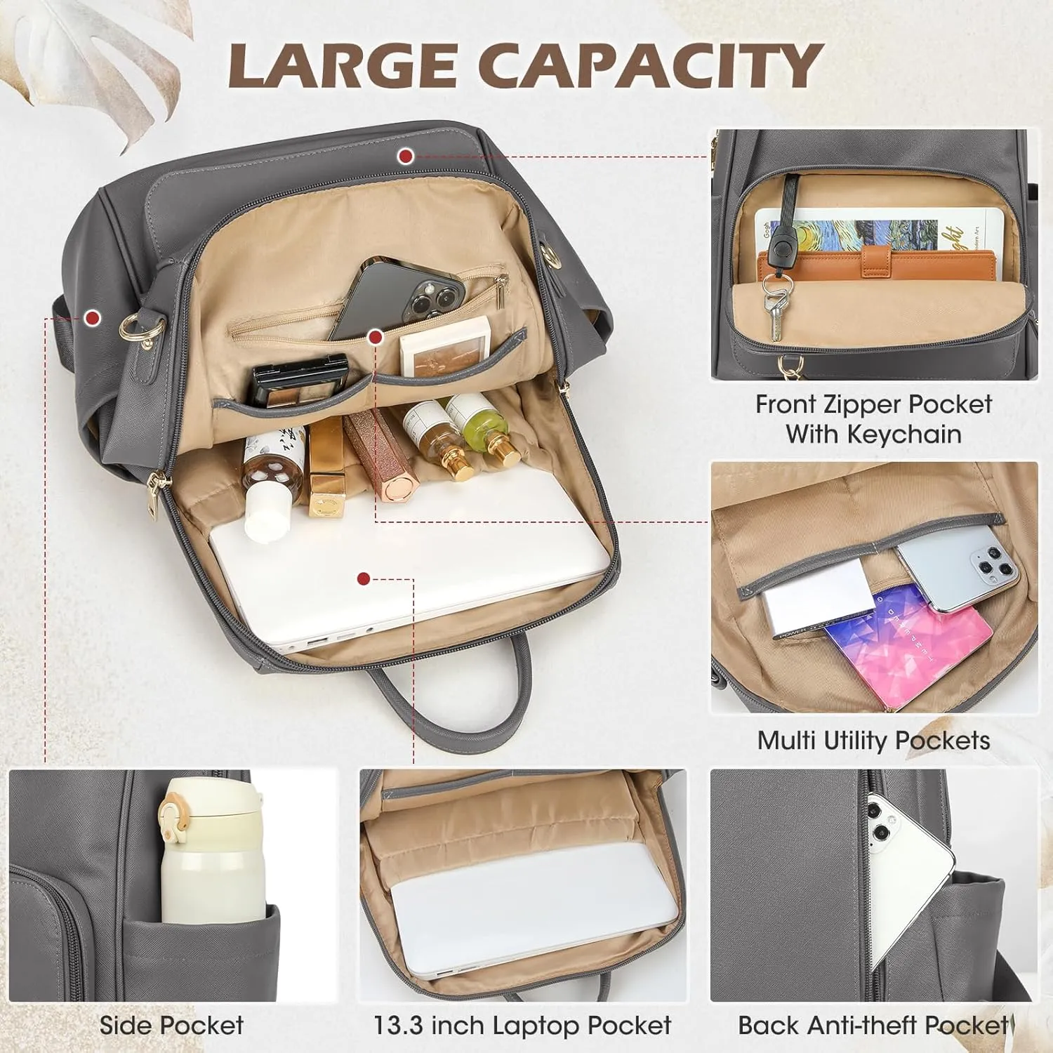 RAINSMORE Backpack Purse for Women Leather Travel Backpack Purse Waterproof Anti Theft Fashion Small Casual Mini Daypacks Ladies Convertible Shoulder Bag Travel bag with Tassel, Grey