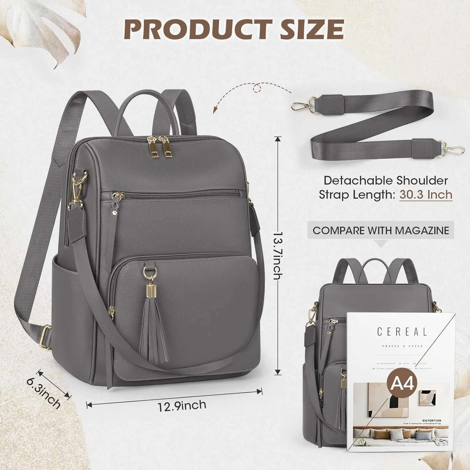 RAINSMORE Backpack Purse for Women Leather Travel Backpack Purse Waterproof Anti Theft Fashion Small Casual Mini Daypacks Ladies Convertible Shoulder Bag Travel bag with Tassel, Grey