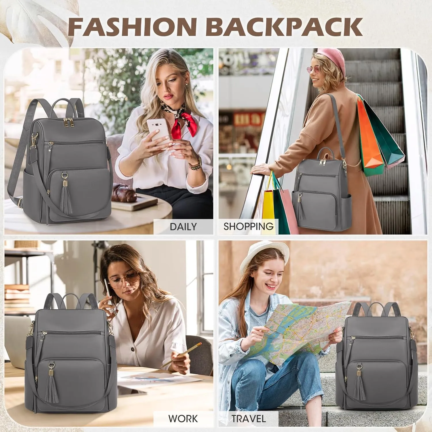 RAINSMORE Backpack Purse for Women Leather Travel Backpack Purse Waterproof Anti Theft Fashion Small Casual Mini Daypacks Ladies Convertible Shoulder Bag Travel bag with Tassel, Grey