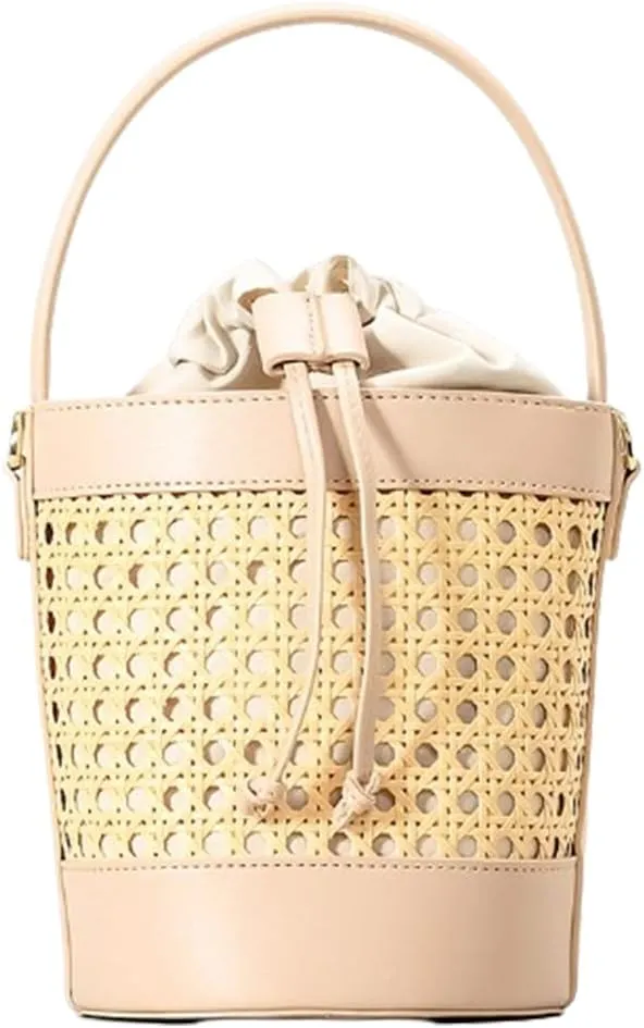 Rattan Bucket Bag for Women Straw Beach Bag Drawstring Crossbody Purse PU Leather Summer Shoulder Tote Bag Cute Hobo Bags