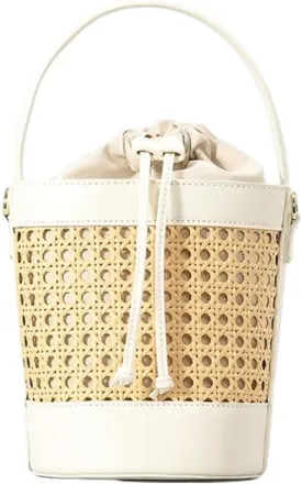 Rattan Bucket Bag for Women Straw Beach Bag Drawstring Crossbody Purse PU Leather Summer Shoulder Tote Bag Cute Hobo Bags