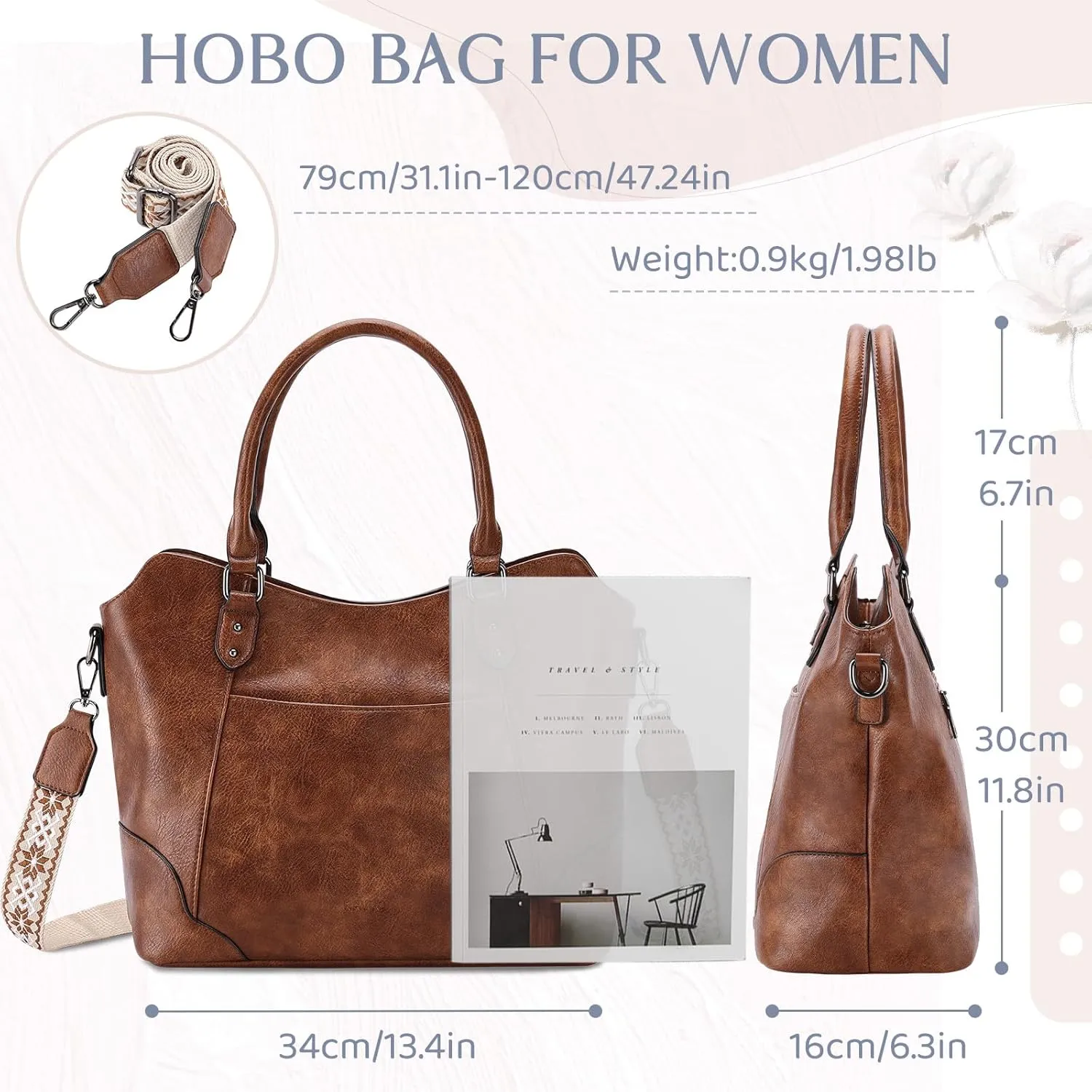 RAVUO Hobo Bag for Women, Vegan Leather Top Handle Handbag Shoulder Purse Chic Ladies Crossbody Bag W Guitar Strap