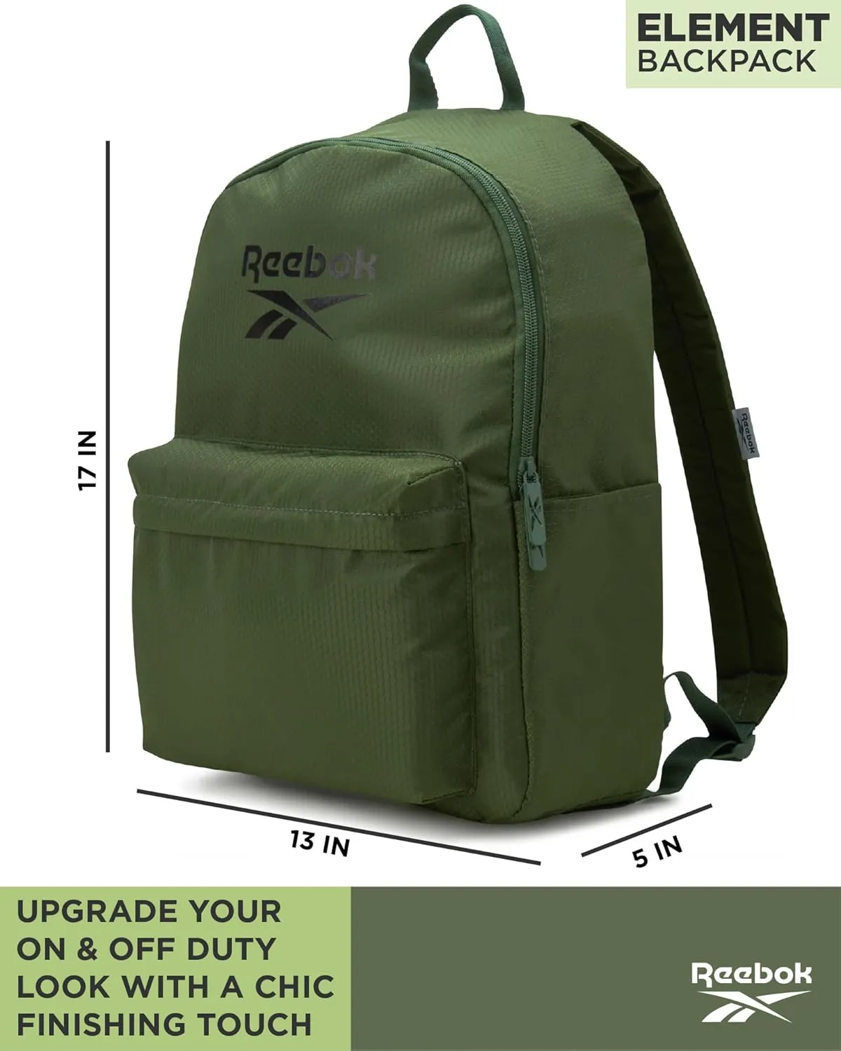 Reebok Element Backpack - Lightweight Compact Everyday Carry On Work, Gym, or Travel Backpack for Men and Women, Green Element