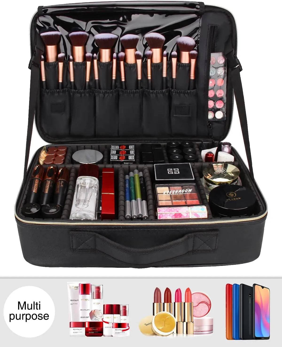 Relavel Professional Train Case - 16.5 Inch Travel Cosmetic Organizer, Waterproof Makeup Artist Storage Box, Large Capacity (Leather Black)