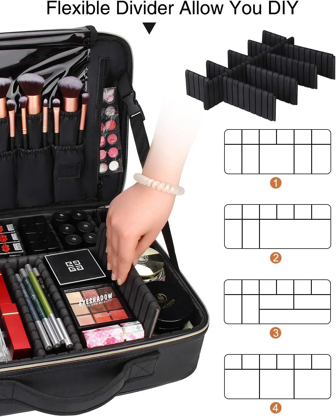 Relavel Professional Train Case - 16.5 Inch Travel Cosmetic Organizer, Waterproof Makeup Artist Storage Box, Large Capacity (Leather Black)