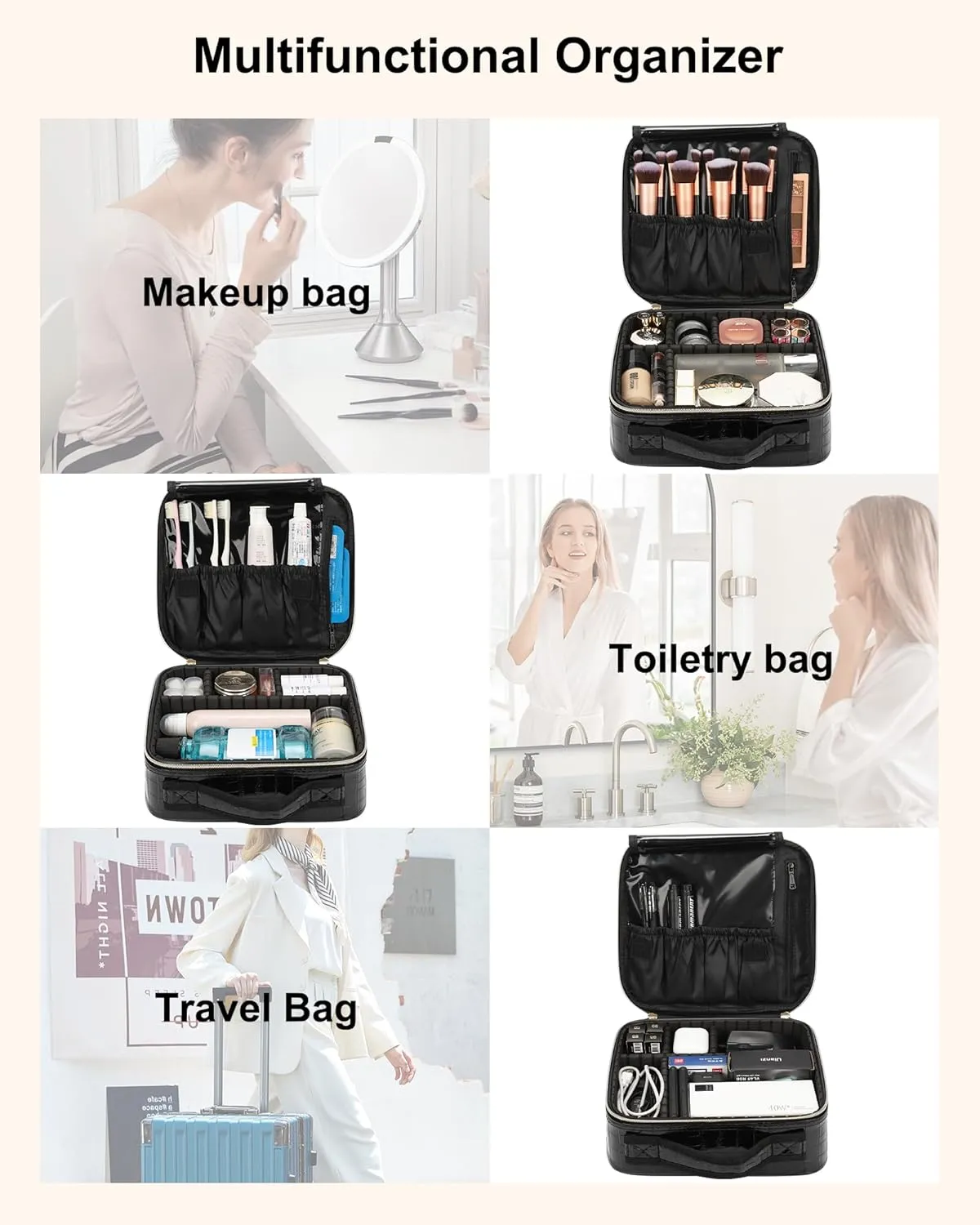 Relavel Travel Makeup Case, Train Case Makeup Brush Organizer, Professional Makeup Artist Makeup Bag, with Adjustable Partition and Shoulder Straps (Crocodile, Small)