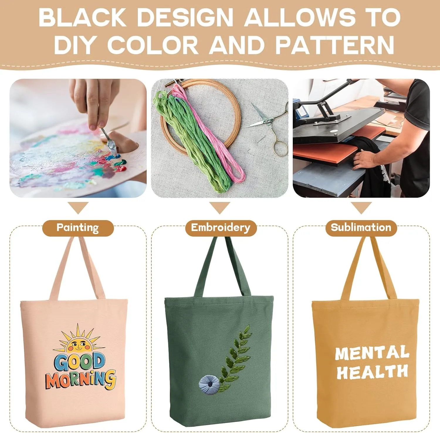 Reusable Canvas Grocery Shopping Tote Bags Bulk with Zipper and Handle Women Mom Teacher Nurse Wedding Mental Health Gifts(Boho Color,5 Pcs)