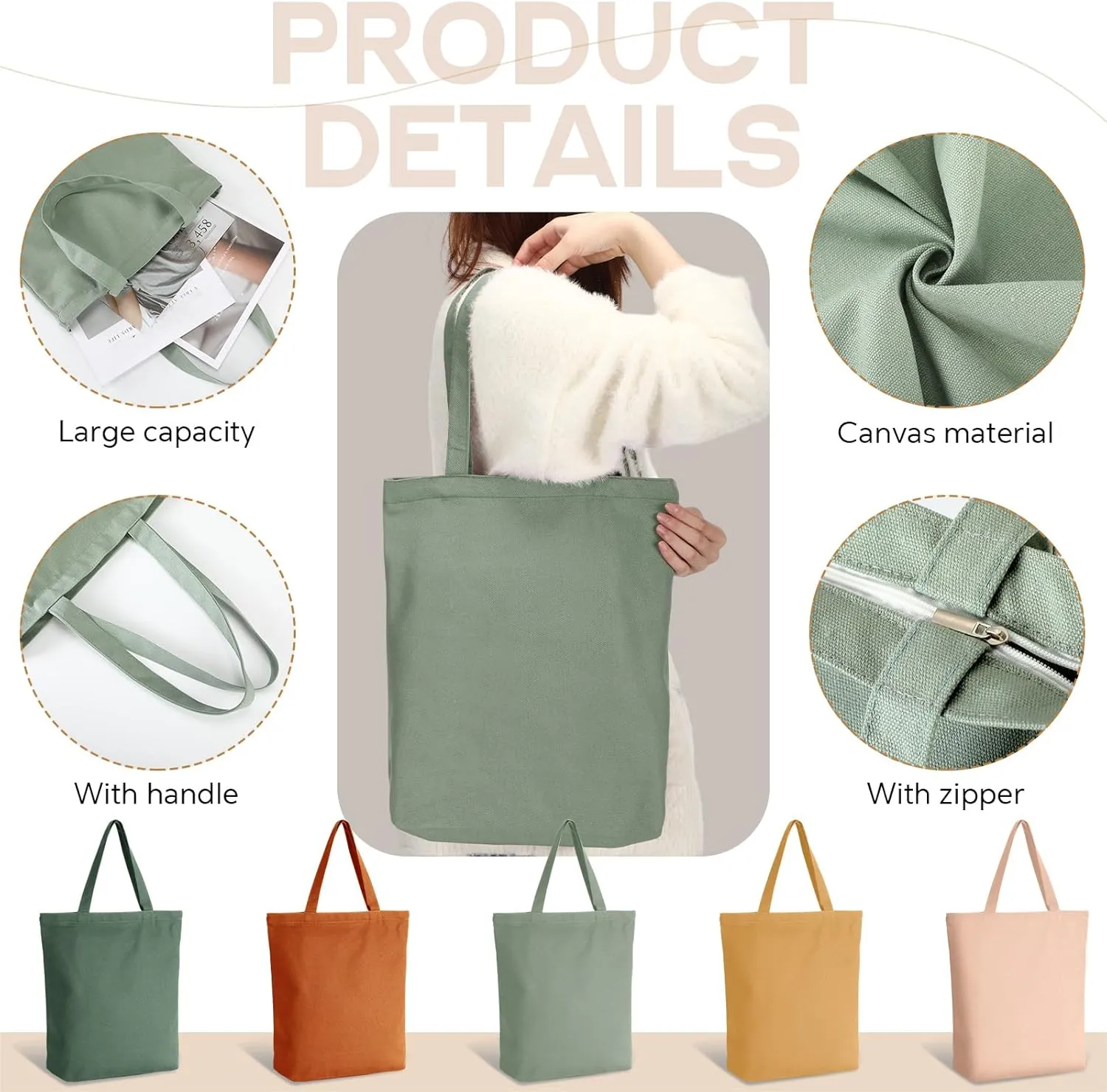 Reusable Canvas Grocery Shopping Tote Bags Bulk with Zipper and Handle Women Mom Teacher Nurse Wedding Mental Health Gifts(Boho Color,5 Pcs)